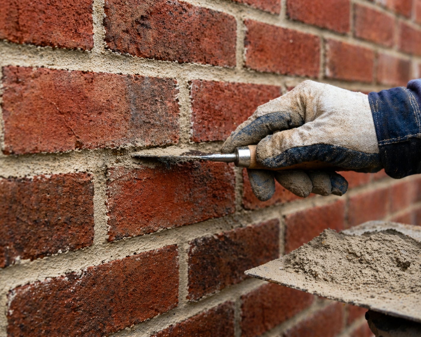 Masonry repair needed for cracked brick wall with damaged mortar joints.