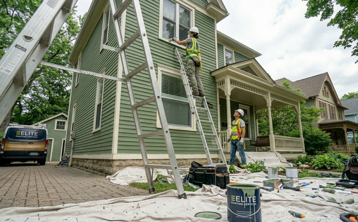 Residential painting crew working on older home exterior with safety equipment.