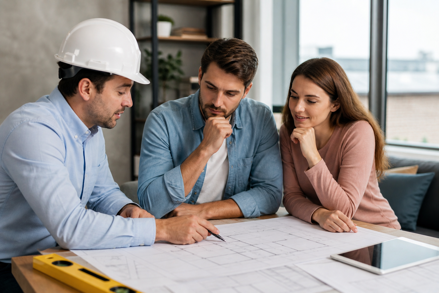 General contracting meeting discussing renovation plans with client.