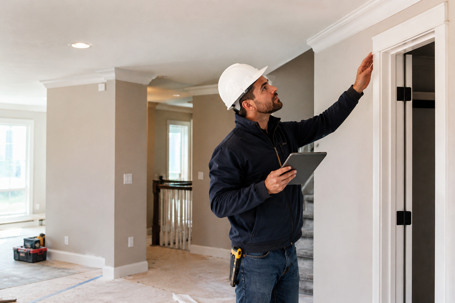 Contractor examining renovation details during home improvement services.