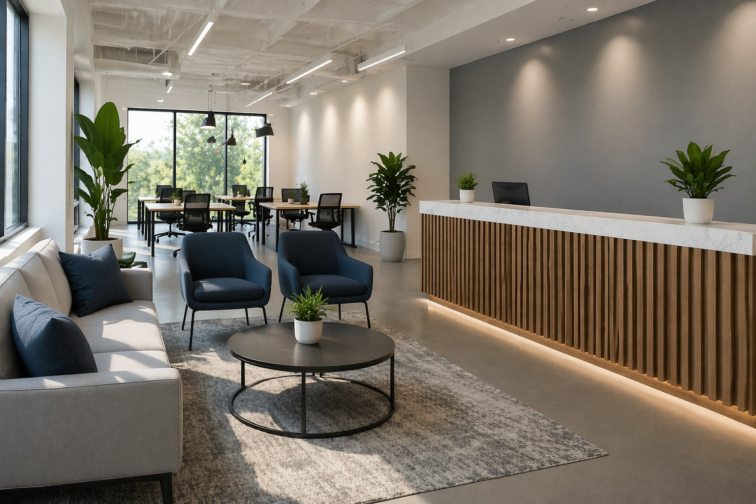 Modern business interior improved by commercial painting services.