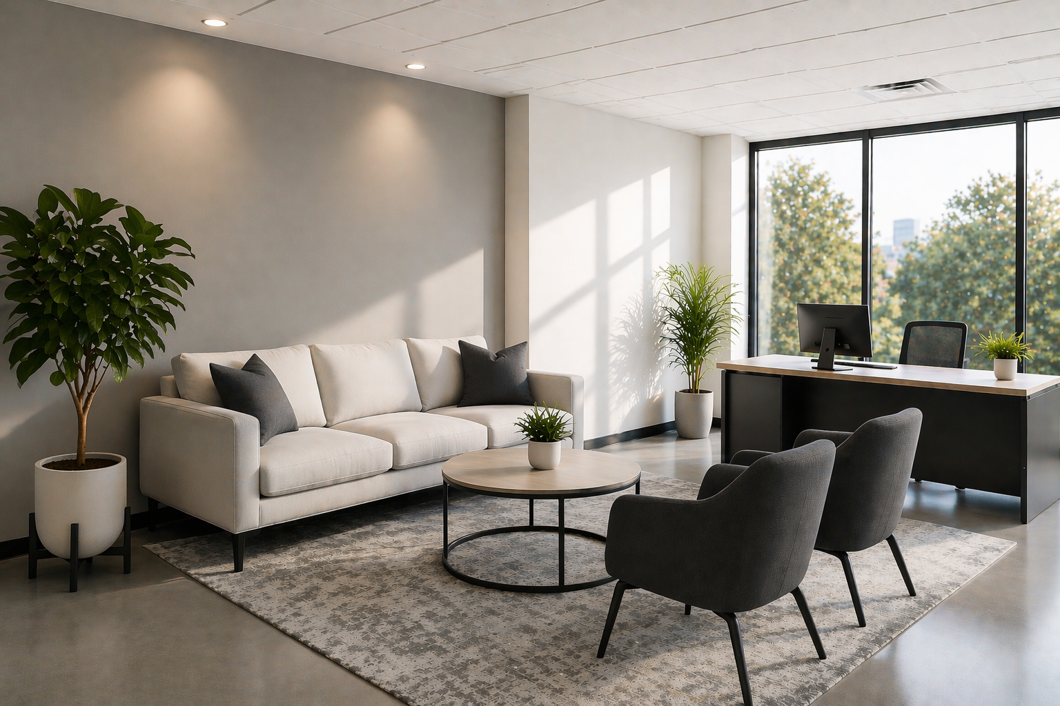 Commercial painting services creating neutral office interior with clean finish.