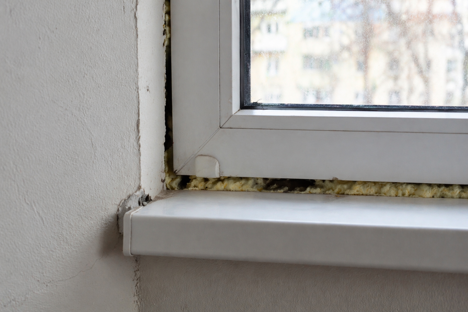 window installation issue with visible gaps causing drafts and energy loss.
