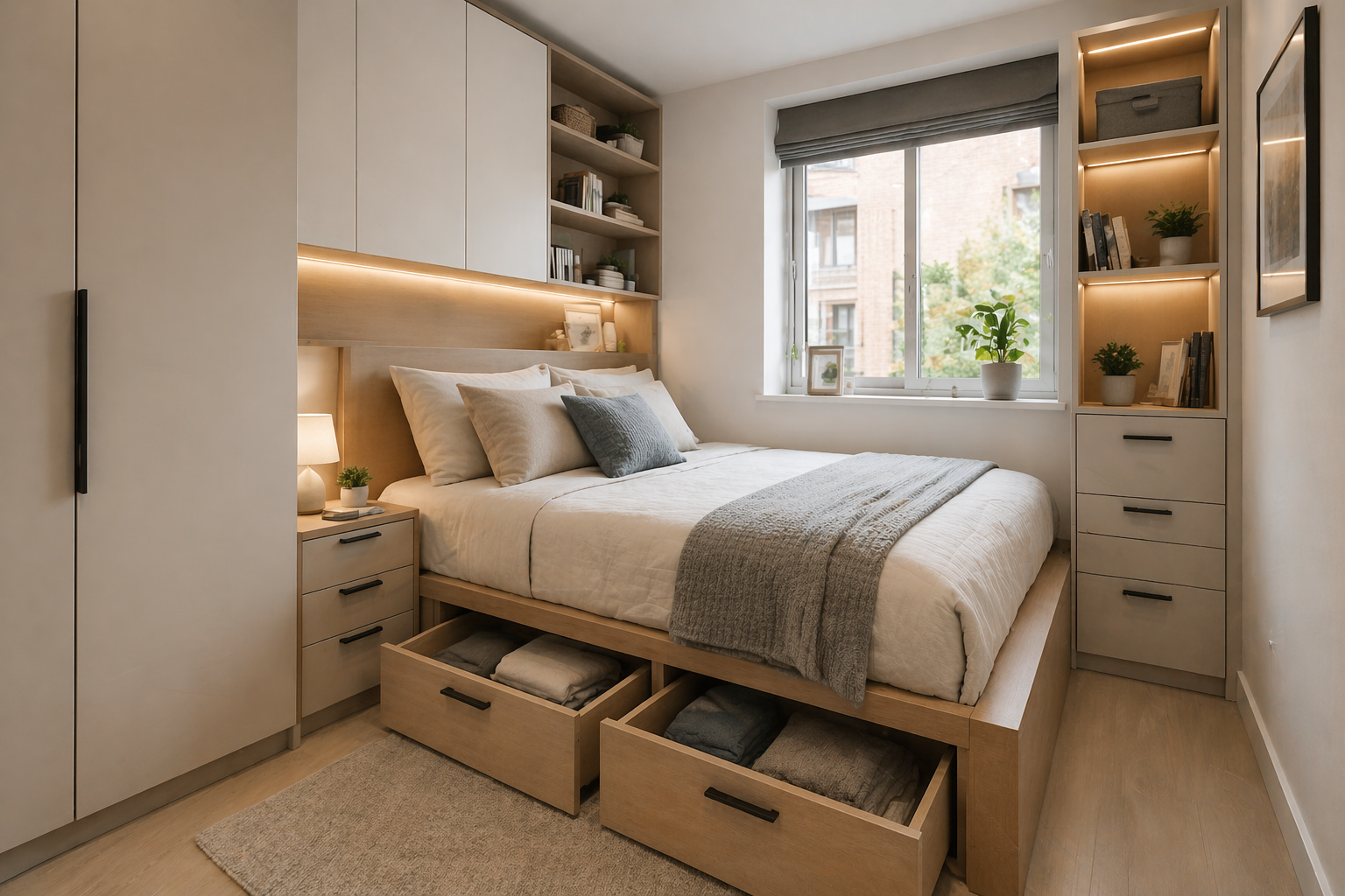 bedroom with smart storage from interior home renovation using built-in shelves and hidden storage.