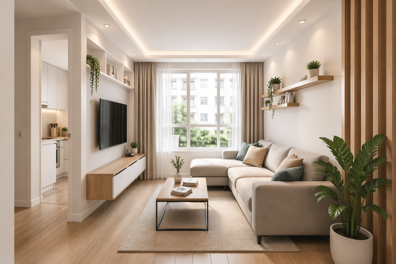Small living room after interior home renovation with open layout and bright lighting.