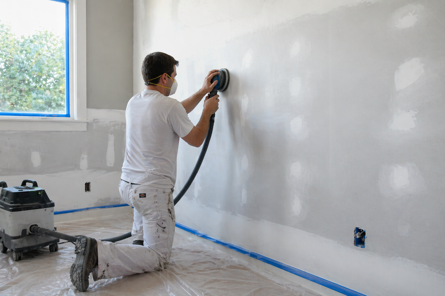 Surface preparation for residential painting, including sanding and priming walls.